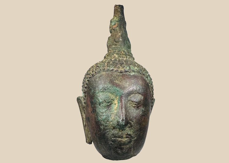 Thai Sukhothai bronze Buddha head with flame finial, circa 14th–15th century CE