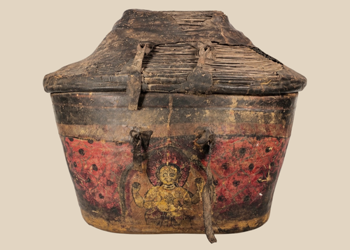 Antique Himalayan painted hide-covered storage basket with fitted domed lid