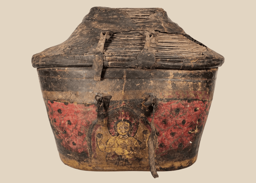 Antique Himalayan painted hide-covered storage basket with fitted domed lid