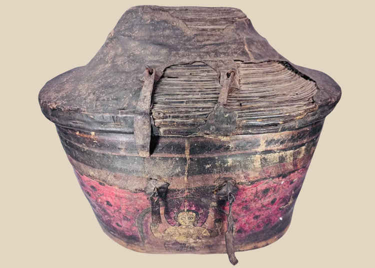 Antique Himalayan painted hide-covered storage basket with fitted domed lid