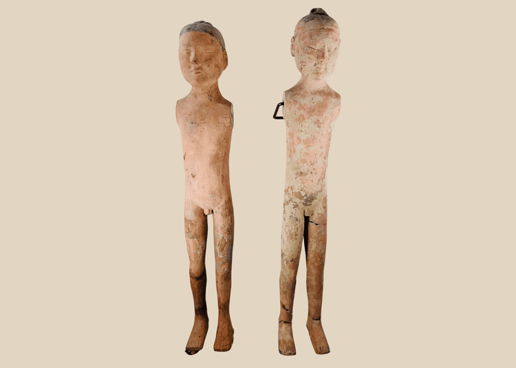 Pair of Western Han Dynasty terracotta male funerary figures with surviving polychrome pigment