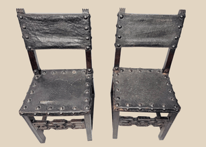 Pair of Spanish Baroque Walnut & Leather Chairs | Circa 17th Century