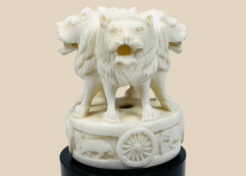 Indian Lion Capital of Ashoka miniature carving on an ebonized wood base