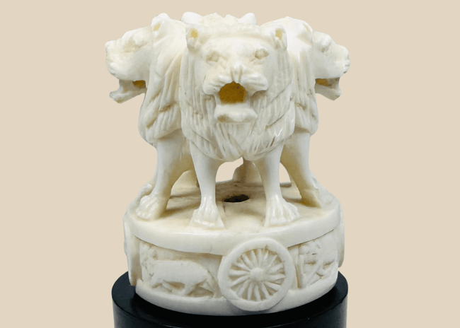 Indian Lion Capital of Ashoka miniature carving on an ebonized wood base