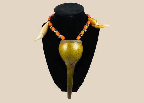 Antique Konyak Naga warrior prestige necklace with brass pendant, glass trade beads and animal teeth