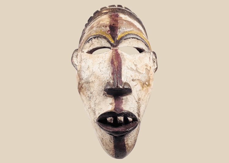 Mid-20th-century Yombe wooden mask with white pigment and red-purple facial stripe