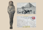 Ancient Egyptian dark stone ushabti displayed with the front and handwritten reverse of an early 20th-century Cairo postcard