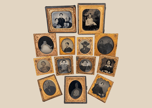 Collection of 13 mid-19th-century cased portrait photographs with ornate gilt-brass mats and period cases