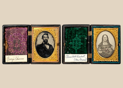 Pair of identified mid-19th-century American cased portraits of George Bascom and Clara Holt Kimball in ornate Union cases