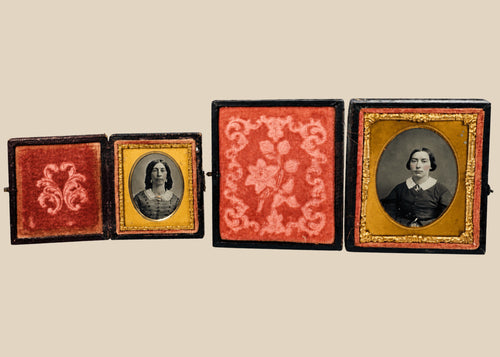 Pair of mid-19th-century Victorian cased female portraits traditionally identified as mother and daughter