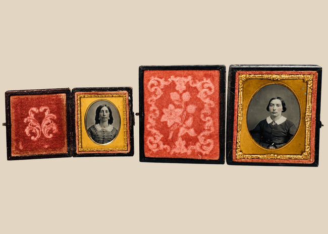 Pair of mid-19th-century Victorian cased female portraits traditionally identified as mother and daughter