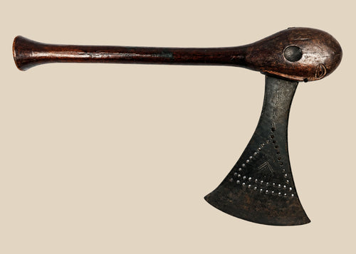Late 19th-century Luba prestige axe from Central Africa with fan-shaped iron blade, carved hardwood haft, and eye-motif pommel, ceremonial regalia