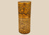 Antique carved bamboo container from Island Southeast Asia, 19th century, cylindrical with fitted lid and base, decorated with incised geometric patterns darkened with pigment, traditionally used for betel nut lime storage, photographed on a white background.