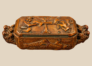 Antique Italian Carved Wood Table Snuff Box | Hunting & Mythological Scenes | Late 19th Century