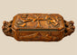 Antique Italian hand-carved hardwood table snuff box from the late 19th century, circa 1870–1900, featuring elaborate hunting and mythological relief carvings.