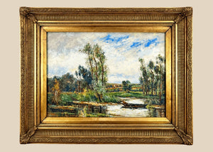 Early 20th Century Impressionist River Landscape Oil Painting with Rowing Figure | Ornate Gilt Frame | c. 1920–1940