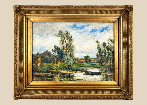Early 20th-century European oil painting depicting a peaceful river landscape with a solitary figure rowing a wooden boat, circa 1920–1940.