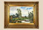 Early 20th-century European oil painting depicting a peaceful river landscape with a solitary figure rowing a wooden boat, circa 1920–1940.
