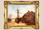 Original 1990 oil painting by Emily Muse titled The Famous Angel, Rotherhithe, depicting London's historic River Thames waterfront in an ornate gilt frame.