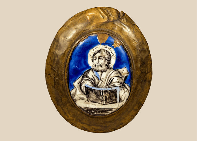 Antique Russian Orthodox enamel Gospel-cover plaque featuring a bearded Evangelist holding a sacred book, circa late 18th–early 19th century.