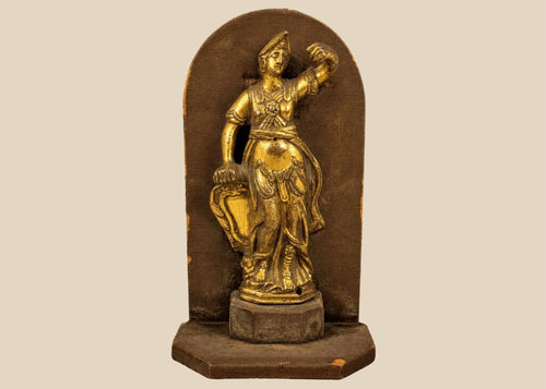 Italian gilt-bronze sculpture of Minerva, Roman goddess of wisdom and strategic warfare, attributed to 17th-century Northern Italy, on an arched display stand.