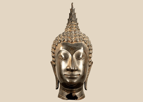 Large Thai Buddha head in Sukhothai style with serene facial features, spiral hair curls, and a tall flame-shaped finial.