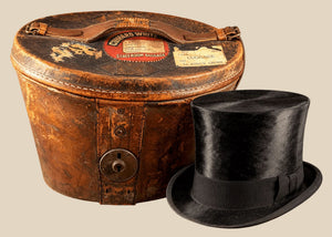 British Scott & Co. Silk Top Hat & Leather Travel Case | RMS Queen Mary Cunard White Star | Circa 1930s–1940s