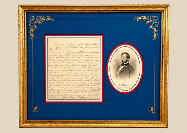 Framed William Tecumseh Sherman Civil War letter reproduction dated June 22, 1875, with engraved portrait and ornate gilt-finished frame.