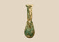 Ancient Roman green glass unguentarium with a pear-shaped body, elongated neck, and flared circular rim, circa 1st–4th century CE.