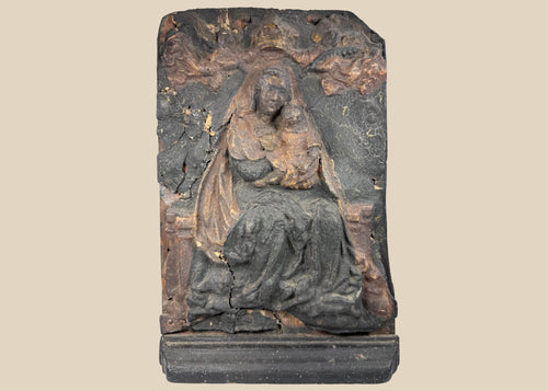Antique Baroque carved wood relief of the Virgin Mary and Christ Child crowned by angels, circa 1650–1750