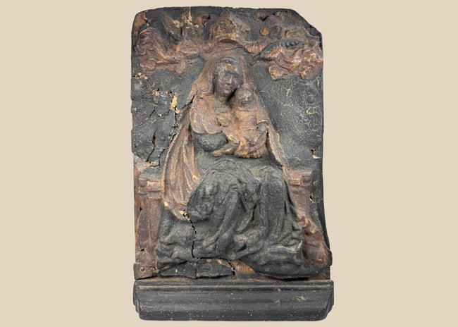 Antique Baroque carved wood relief of the Virgin Mary and Christ Child crowned by angels, circa 1650–1750