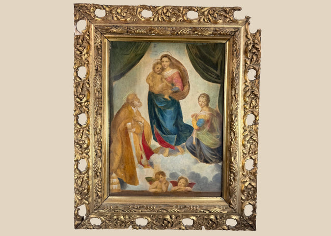 Early 20th-century German reproduction of Raphael’s Sistine Madonna in an ornate pierced giltwood Rococo Revival frame