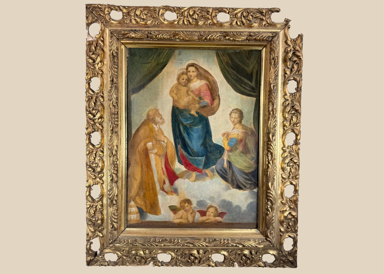 Early 20th-century German reproduction of Raphael’s Sistine Madonna in an ornate pierced giltwood Rococo Revival frame