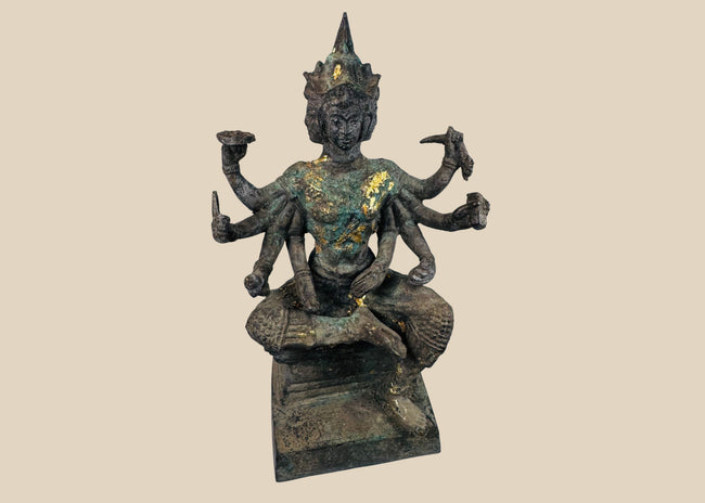 Antique Thai Phra Phrom bronze statue with four faces and eight arms