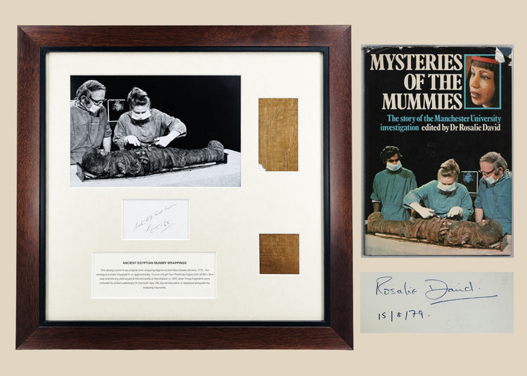 Framed linen fragments attributed to Manchester Mummy 1770, shown with Mysteries of the Mummies and Rosalie David’s signature.