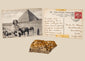 Historic Giza travel grouping with a limestone fragment reportedly collected from the Great Pyramid and an early 20th-century Egyptian postcard.