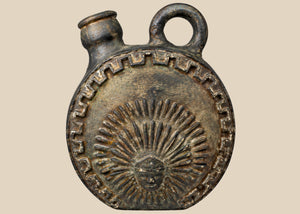Pre-Columbian Andean Blackware Canteen Vessel | Anthropomorphic Sunburst Figure | Peru | Circa  1000 – 1500 CE