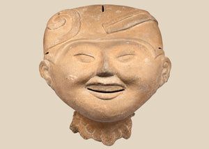 Pre-Columbian Veracruz Sonriente “Smiling Face” Terracotta Head with Scroll-Motif Headdress | Circa 600–900 CE
