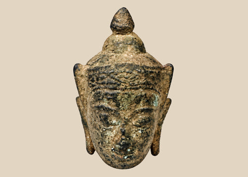 Thai bronze Buddha head with elongated earlobes, ushnisha and naturally encrusted patina, 18th century or earlier