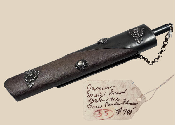 Antique Japanese Kayaku-Ire Gunpowder Flask with Floral Metalwork | Meiji Period, Circa 1868 – 1912