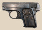 Deactivated FN Browning Model 1906 pocket pistol with checkered grips and worn blued steel against a beige background.