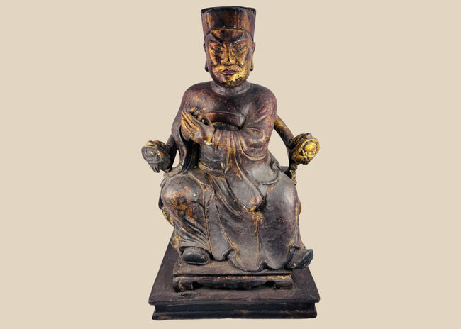 Antique Chinese Qing Dynasty carved wooden ancestor figure seated on an elaborate ceremonial throne with traces of gilt decoration