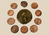 Collection of 10 ancient Roman bronze and copper-alloy coins, circa 3rd–4th century CE, with varied imperial portraits and aged patina.