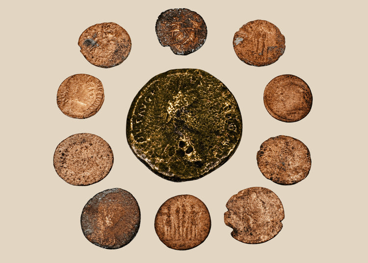 Collection of 10 ancient Roman bronze and copper-alloy coins, circa 3rd–4th century CE, with varied imperial portraits and aged patina.