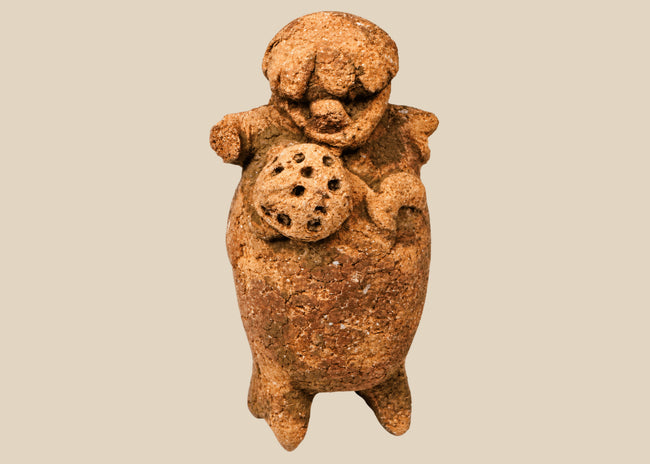 Pre-Columbian Maya terracotta figural rattle with perforated ceremonial object, circa 600–900 CE
