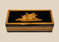 Anglo-Indian black lacquered marquetry trinket box with reclining figural inlay on lid, front view