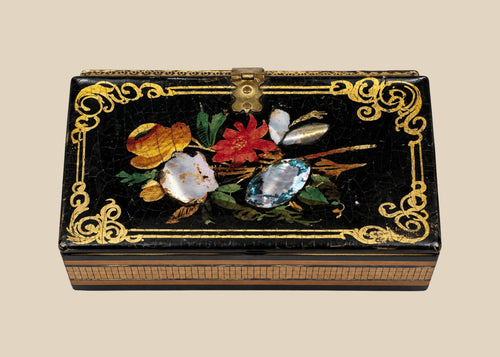 Victorian black lacquer papier-mâché calling card case with mother-of-pearl floral inlay and gilt scrollwork