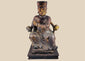 Antique Chinese Qing Dynasty carved wooden ancestor figure seated on an elaborate ceremonial throne with traces of gilt decoration