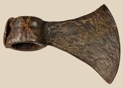19th-century American forged iron axe head with wide blade, robust socket, and rich aged patina, used for timber work and settlement life.