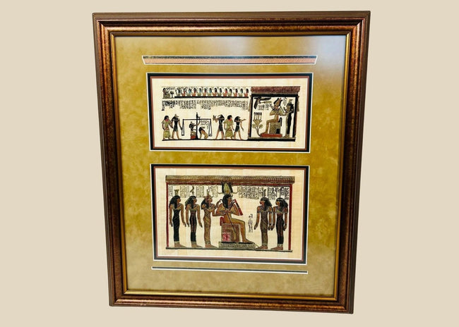 Framed Ancient Egyptian papyrus artwork depicting ritual and funerary scenes with deities and hieroglyphs, double-matted in gold and black frame, modern reproduction on papyrus